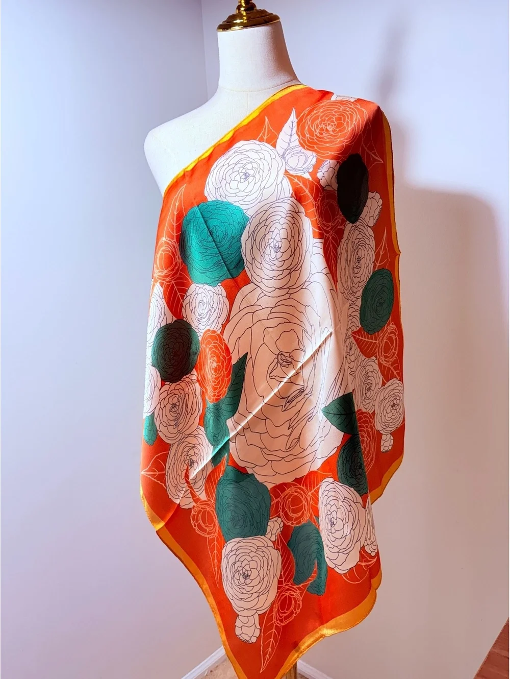 Orange Floral Scarf with Green and White Rose Pattern